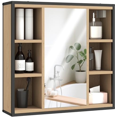 HOMCOM Armoire Murale Salle de Bain avec Miroir, 52 x 24,5 cm, Meuble Salle de Bain, Armoire de Toilette avec 6 Compartiments Ouverts et étagère réglable, chêne