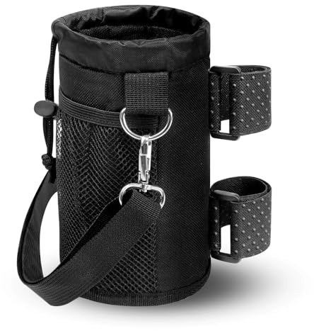 Cup Holder for Bike, Wheelchair and Scooter, Water Bottle Holder for Bicycle, Walker, Golf Cart, Utv, ATV eBike and Beach, Universal Drink Holder Accessories with Strap and Net Pocket - Black