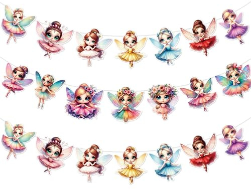 Feen Geburtstag Deko Girlande Set - 3 Stück Fee Party Dekoration Girlande Banner, Fairy Geburtstagsdeko Garlande für Kindergeburtstag Mädchen