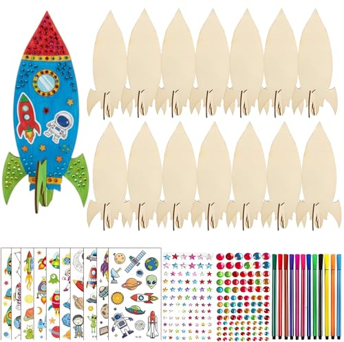 XDGBGFN 39Pcs Raketen Holz Bastelset Holzbastelsets mit 15 Raketen Holz 12 Farbstifte 144 Strasssteine 10 Kleine Aufkleber DIY Handwerk für Jugendliche und Erwachsene ab 14 Jahren