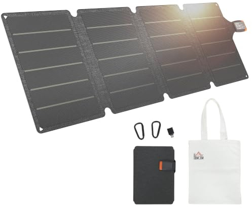 HOMCOM Caricabatteria Solare 36W Pieghevole con USB-A e Tipo-C, IP67 | Caricatore Solare per Smartphone e Tablet, Impermeabile in ETFE, per Campeggio e Uso Esterno, Grigio