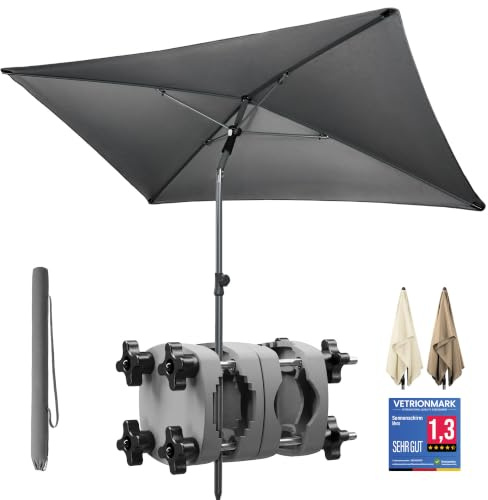 4smile Sonnenschirm Balkon SunnyShade 3-in-1 SET in Anthrazit - UPF 50+ Sonnenschirm rechteckig 200 x 125 cm + Sonnenschirmhalter Balkongeländer + Sonnenschirmhülle