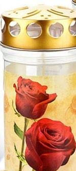 Aeterna Memoriam 4 Tages Motivgrabkerze mit Golddeckel - 12 St. Grabkerzen in weiß mit Golddeckel - Grablichter mit Deckel - Friedhofskerze - Grablampe - Grablicht (Rose)