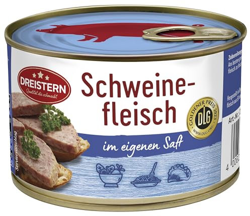 DREISTERN Schweinefleisch im eigenen Saft 400g I Mit Schweineschwarte I Herzhafte Spezialität in recyclebarer Konservendose I Lange Haltbarkeit dank natürlicher Konservierung I Hausmacher Qualität