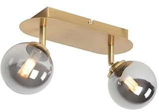 QAZQA - Landhaus I Vintage Spot I Spotlight I Deckenspot I Deckenstrahler I Strahler I Lampe I Leuchte Gold I Messing 2-flammig-Licht verstellbar mit Rauchglas - Athen I Wohnzimmer I Schlafzimmer - Lä