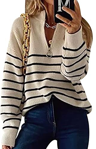 V-Neck Gestreifter Zip Pullover Damen Winter Strickpullover Pulli Knitted Sweater Frauen Gestrickter Zipper V-Pullover Strickpulli Pullis Beige L