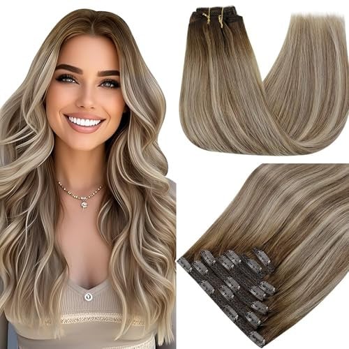 RUNATURE Clip in Extensions Echthaar Balayage Braun Blond 35cm Echthaar Extensions Clip Balayage Braun Ombre Blond Seamless Extensions Echthaar Clip Remy Menschliches Haar 120g 7Pcs #3/8/22