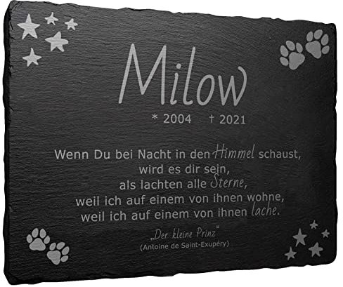 mtb more energy Gedenktafel Grabstein Schiefertafel - Pfoten und Sterne ''Wenn du bei Nacht'' - personalisierbar - 20x15 cm - Grabplatte Haustier Hund Katze