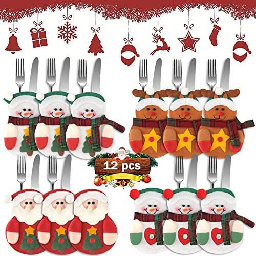 HUHUDAY Porte Couverts Noël, Deco Table de Noël, Range Couverts Noël, Décoration de Noël pour Table, Decoration Table Noel, Noël Couvert, Porte Couvert, élan du Père Noël Bonhomme de Neige