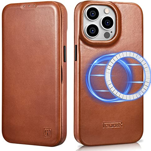 ICARER Leather Case for iPhone 14 Pro, 100% Genuine Vintage Leather Flip Case with Card Slot, Magnetic Flip Wallet Cover Compatible with Mag-Safe and Wireless Charging for iPhone 14 Pro 6.1 inch-Brown