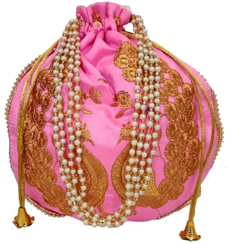 Purpledip Potli Bag (pochette, borsa con coulisse) per le donne con intricato filo d'oro e ricamo paillettes lavoro, Pavoni Rosa, Large