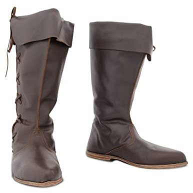 GATURA Stivali Vintage Uomo Cavalieri Medievale Punta Piatta Tacco Medio Coscia Finta Pelle PU Vichingo Cavaliere Pirata Allacciare Cowboy Occidentale, 38-48, Marrone, 44