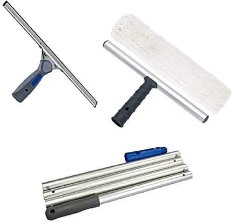 LEWI Glasreinigerset 7 teilig bestehend aus Verlängerungsstange 4tlg., Fensterwischer und Träger mit Einwaschfell (25 cm)