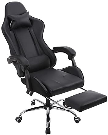 Panana Gaming Chair Reclining Gas Lift Swivel Chair Padded Armrest,Footrest,Pillow (Black)