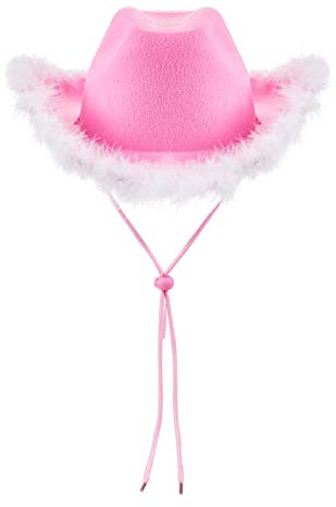 Niceyoeuk Cowgirl Hat Cowboy Hats for Women Fluffy Feather Brim Cowboy Hat for Holiday,Costume Party,Play Dress Up,Halloween Cosplay (Pink05, 32cm*42cm*18cm)