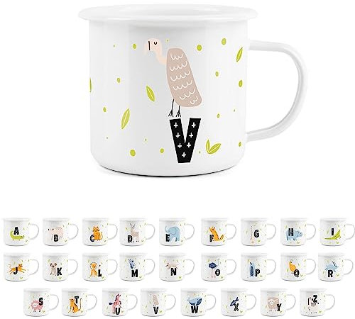 Animal Letter V Mug -White Initial Personalised Alphabet Novelty Durable Hot Drinks Outdoor Cup for Travel Picnics Home Hiking