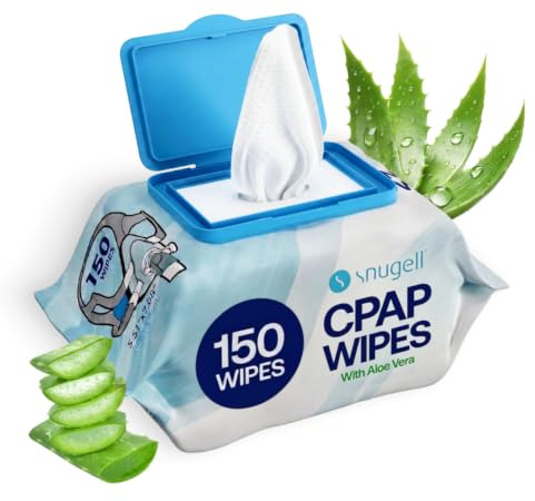 Snugell Unscented Travel CPAP Mask Wipes Antibacterial (150 Count) –100% Soft Cotton– Lint & Alcohol-Free,Skin Safe with Aloe Vera – Easy Opening CPAP Cleaner and Sanitizer for Masks, Tubes & Devices