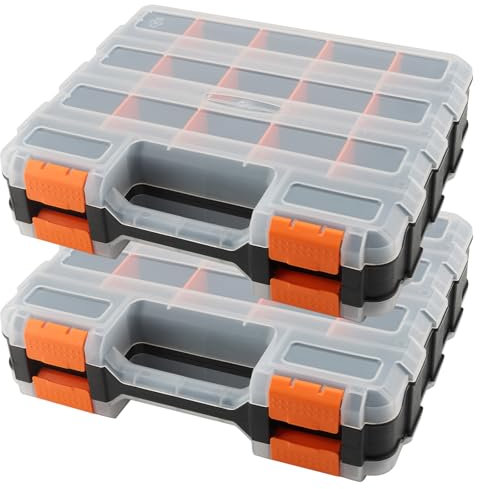 DAKFOOK Lot de 2 boîtes de rangement à vis - 32 x 27 x 8 cm - Boîte à outils double face avec séparateurs amovibles en plastique - 34 compartiments - Pour vis, écrous, petites pièces