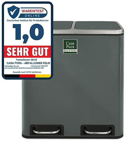 casa pura Mülleimer mit 2 Fächern - 2 x 15 Liter, herausnehmbare Inneneimer mit Henkel, Deckel mit Schließdämpfer - Mülltrennsystem, Abfalleimer für Küche & Büro (Felix, 30L - Anthrazit)