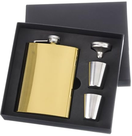 sourcing map Hip Flask for Liquor 8oz Stainless Steel Leak Proof Drinking Flask with Cup and Funnel for Camping Hiking Outdoor Activity, Gold
