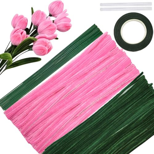 TOAOB Pfeifenreiniger Blumen Set Lila Grün zum Basteln 200 Stück Pipe Cleaner Flower Lilien Tulpenstrauß Set mit Blumendraht und Blumenband Chenille Stems für Bastelprojekte Dekorationen
