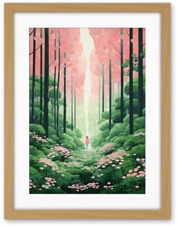 Artery8 Mount Yoshino Cherry Blossom Tree Forest Bright Artwork Baby Pink Green Walk in Nature Trail Artwork Framed Wall Art Print 18X24 Inch