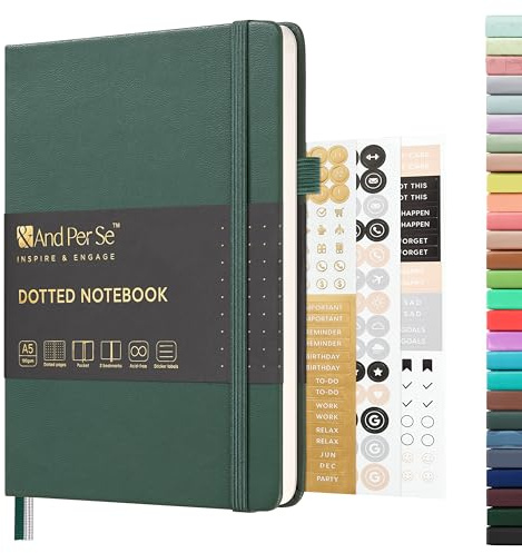 &And Per Se Dotted Journal Notebook, A5 Hardcover Leather Bullet Dotted Journal, 160 Pages 100 gsm Thick Paper, 3 Sheets of Stickers Included - 5.7'' x 8'' (Green)