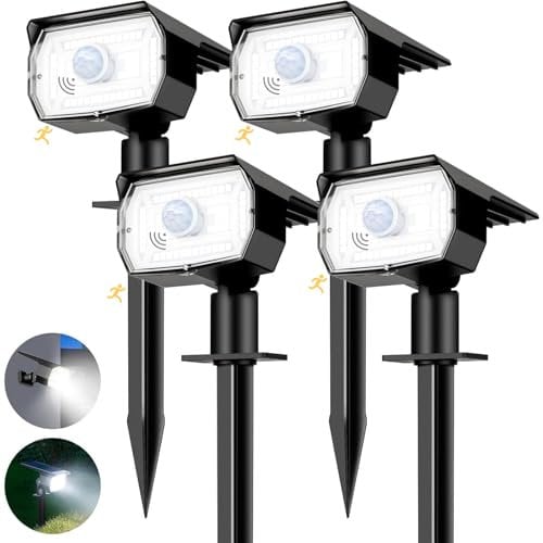 nipify 4 Pezzi Faretti Solari a Led da Esterno con Sensore di Movimento, 3 Modes Lampade da Giardino Potenti Impermeabile Luci Solari Esterno per Cortile Vialetto (Bianco Freddo)