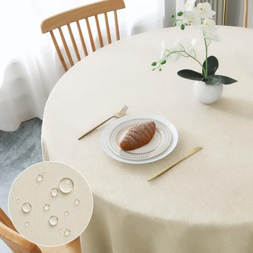 AooHome Tischdecke Rund Φ160cm, Beige Leinen-Optik Tischdecken Abwaschbar Tischtuch aus Polyester Wasserabweisend mit Lotuseffekt, Dauerhaft Kratzfest für Wohnzimmer, Esszimmer, Balkon, Garten