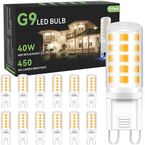 TJOY 12 Pack G9 LED Bulb 4W Equivalent 40 Watt, Replacement G9 Halogen Light Bulb, 3000K Soft Warm White, T4 Bi-pin Base, Small G 9 Socket for Chandelier, 120V, 450 Lumen, Non-dimmable