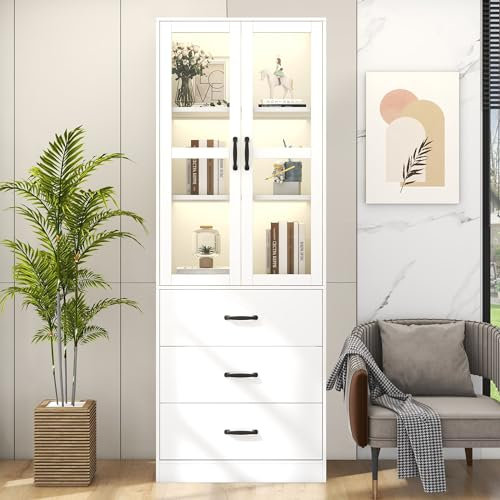Merax Vitrine mit LED-Lichtern, Modern Standvitrine mit 2 Glastüren und 3 Schubladen, Glasvitrine Highboard mit viel Stauraum, Aufbewahrungsschrank Bücherschrank für Wohnzimmer Büro Esszimmer, Weiß