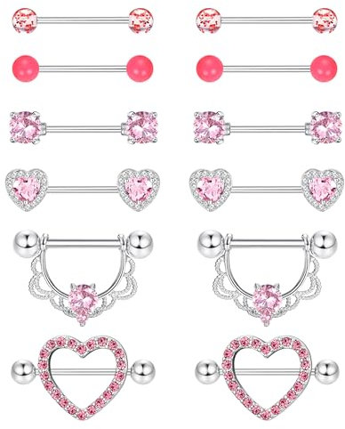 Diamday 6 Paare Nippelpiercing 316L Chirurgenstahl Brustwarzenpiercing 14G CZ Zungenpiercing Nipple Piercings für Damen Hypoallergen Herz Nipplerings Barbell Piercing Nipple Körperschmuck Set
