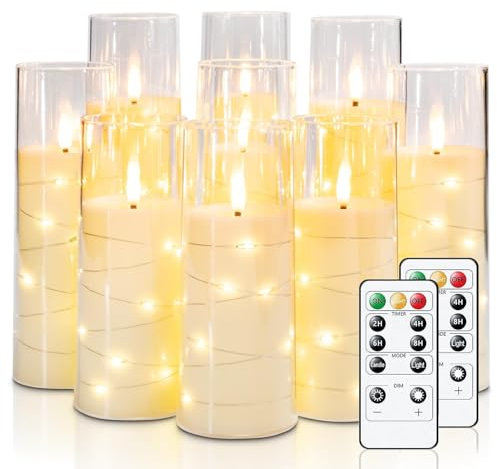 Homemory Flackernden Flammenlose Kerzen mit Lichterkette, Batteriebetriebene Kerzen mit Fernbedienung und Timer, Eingebettete Lichterkette LED-Kerzen, Acryl, Heimdekoration, Weib, 9er-Set.