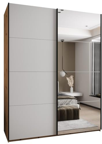 MEBLE KRYSPOL LUX 3 Eleganter 2-türiger Schwebetürenschrank mit Spiegel an der Tür - Leise schließend - HETTICH Topline L System - 245,5x200x64cm - Artisan, Weiß, Schwarz