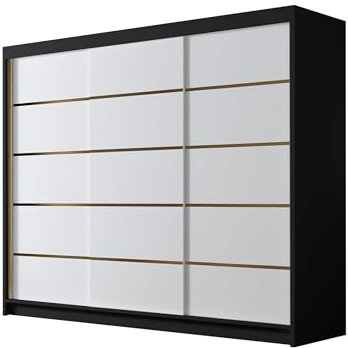 Mirjan24 Kleiderschrank mit Goldverzierung Aramao VII 250 cm Breit, Garderobenschrank, Schlafzimmerschrank mit Kleiderstange und Einlegeböden für Kleidung (Schwarz/Weiß)