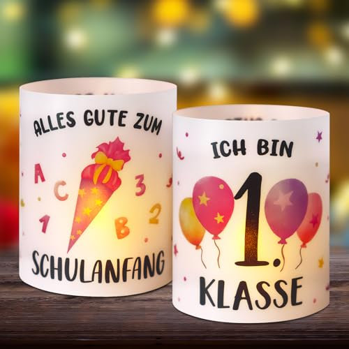 BETESSIN 12 Windlicht Tischdeko Einschulung Schulkind Teelichter Mädchen Junge Rosa Windlichter Alles Gute zum Schulanfang Lichthülle Mini Kerze Deko 1. Schultag Einschulungsparty für Teelichter