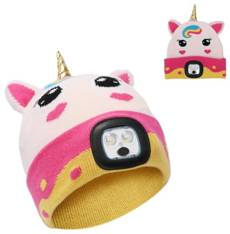 APODESS Einhorn Mütze mit Led Licht Kinder Leuchtmütze Led Mütze Kinder Wintermütze mit USB 4 LED Lampe Wiederaufladbare Stirnlampe Strickmütze Einhorn Geschenke für Mädchen Weihnachten Geburtstag