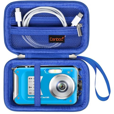 Canboc Waterproof Camera Case for YISENCE/Yiffecal/SPUNALP/EUXOR Waterproof Digital Camera, 4K Underwater Camera Bag, Mesh Pocket fits USB Cable, Batteries, Blue (Case Only)