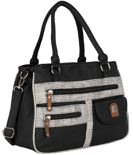 EAAKIE Damen Tasche, Schultertasche, Handtasche, Umhängetasche mit Leder Optik und vielen Fächern (BLACK-GREY)
