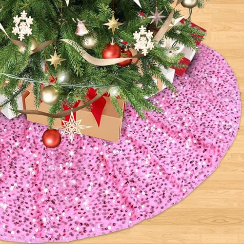 FOTSHARER Faldón de árbol de Navidad rosa de 60 pulgadas, falda grande de terciopelo con lentejuelas para árboles de Navidad de 9 pies, falda de árbol de secuencia única con purpurina para Navidad,