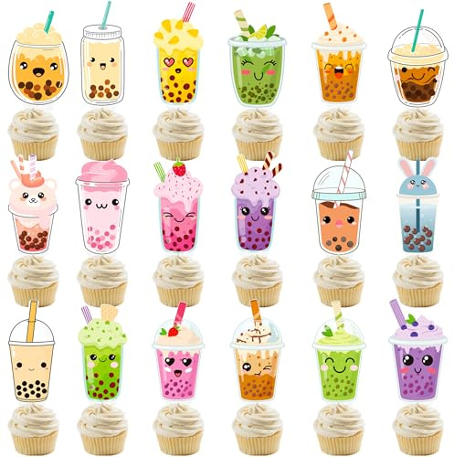 48Pcs Bubble Tea Cupcake Toppers Boba Tea Themed Birthday Party Decorations Bubble Milk Tea Cake Cupcake Topper Decorations for Pearl Milk Tea Theme Birthday Baby Shower Supplies