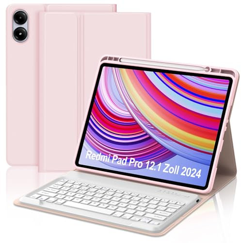 SENGBIRCH Funda Teclado para Redmi Pad Pro 12,1 Pulgada, Teclado Español Ñ Bluetooth Desmontable para Redmi Pad Pro/Xiaomi Poco Pad 12.1 Pulgada 2024, QWERTY Diseño, Rosa Claro