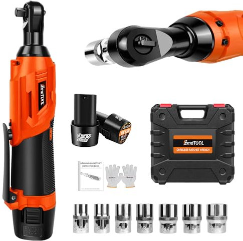 YouseaHome 3/8” Electric Cordless Ratchet Wrench Set Orange, 12V Power Wrench Tool Kit with 2 Packs Batteries, 40Nm Cordless Ratchet Wrench 90° Angle Wrench, LED Work Light, 7 Sockets Set