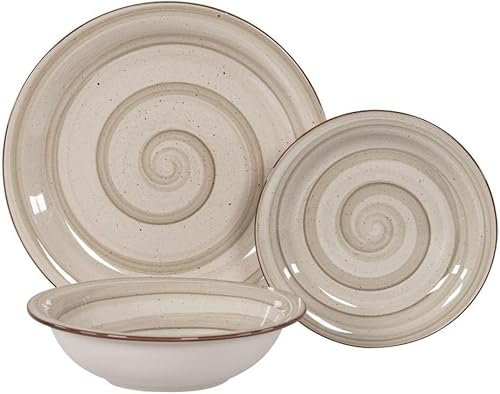 Generico Servizio Piatti in Stoneware Floreale, 18 pezzi per Lavastoviglie, Modello Spirale Tortora