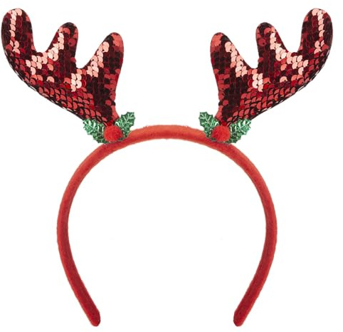 VFM e-Store - Christmas Antlers Headband Antlers X 1 Stocking Filler Xmas Present Celebration Festive Winter Ornaments - 21cm Red Sequin