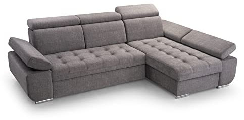 FurniShop24 Ecksofa mit Schlaffunktion und Bettkasten - Eckcouch L-Form mit Bewegliche Kopfstützen, Klappsofa - Schlafcouch zum Wohnzimmer, Modern Design Schlafsofa Bianco: Grau, Ecksofa Rechts