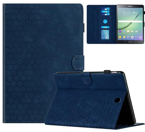 Rosbtib Funda para Samsung Galaxy Tab S2 9.7 Pulgadas 2015 SM-T810/T815 con Soporte y Ranura para Tarjetas, Funda de Piel sintética con patrón de Textura Hexagonal para Galaxy Tab S2 9.7, Azul