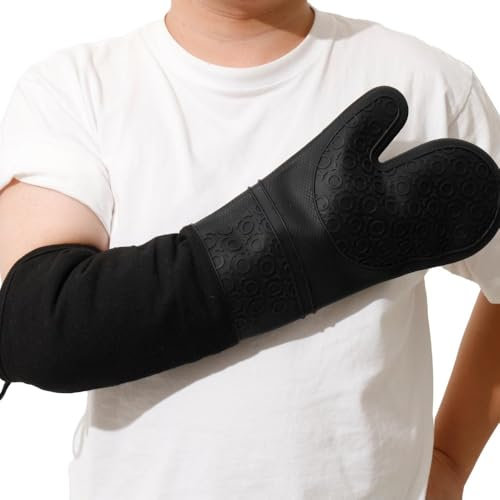 Extra Long Oven Mitts - 2pcs High Temp Oven Mitts, Commercial Oven Mitts, Heavy Duty Oven Mitts - Non-slip Grip Oven Mitts Silicone Heat Resistant Up to 500 Degree, Ideal for Cooking, Baking & Frying
