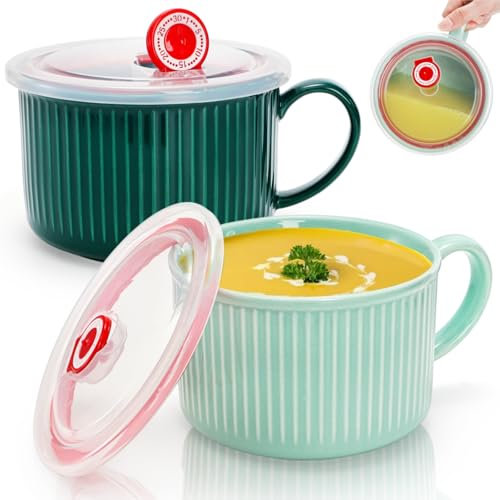 Eorbow 2 Packs Ceramic Soup Bowls with Handles, 32 OZ Microwave Safe Soup Mug with Vented Lid, Leak-proof French Onion Soup Bowls, Large Soup Crocks for Ramen, Noodle, Cereal