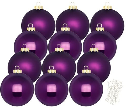 Inge Glas große Weihnachtskugeln mit Haken | Christbaumkugeln aus Glas | Set 12 Kugeln 8cm groß und 40 Aufhänger | Christbaumschmuck Weihnachtsbaumkugeln (Purple Symphony | lila)